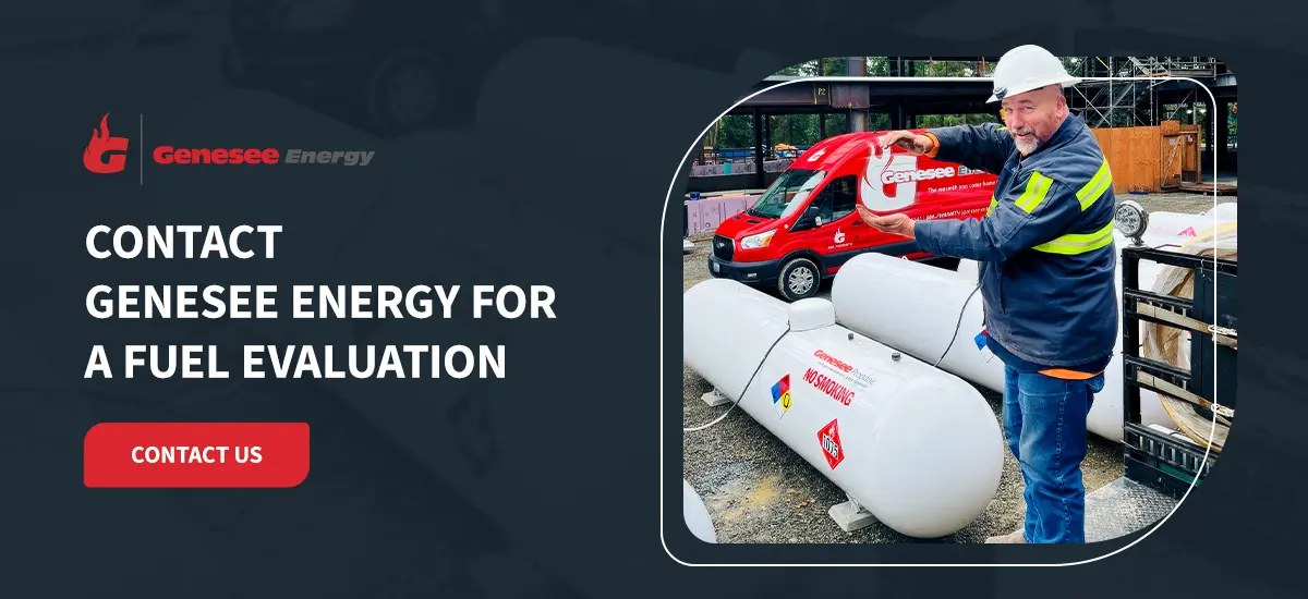 A Genesee Energy technician in safety gear gestures toward propane tanks and a branded service van. The graphic invites viewers to contact Genesee Energy for a fuel evaluation.